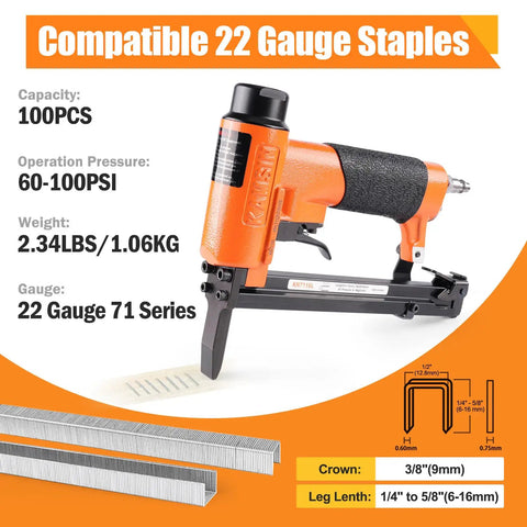 Pro-Grade 22 Gauge Pneumatic Upholstery Stapler With Long Nose Reach, shown with staples and specifications.