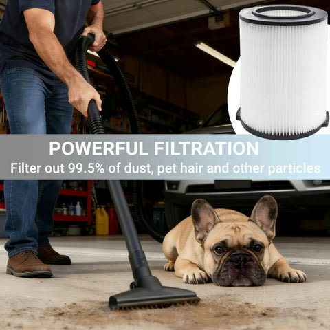 Man using vacuum with attached VF4000 Replacement H13 HEPA Filter for wet dry shop vacuums, cleaning garage floor near dog.