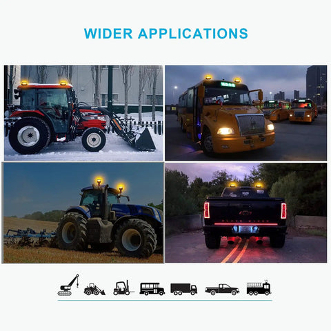 Rock Solid Amber LED Beacon Strobe Light With Killer Visibility For Emergency Hazard Warning And Roof Mount Flashing Alert Lamp IP67 Waterproof Heavy Duty High Output Crystal Reflector on various vehicles including tractors and buses.