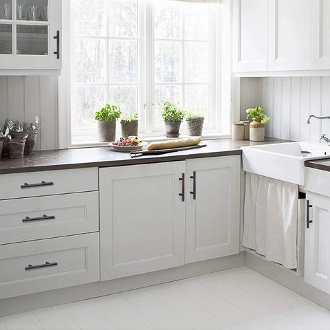 White kitchen with 30 Pack Solid Stainless Steel Cabinet Handles and Drawer Pulls With Oil Rubbed Bronze Finish 5.38 Inch Length