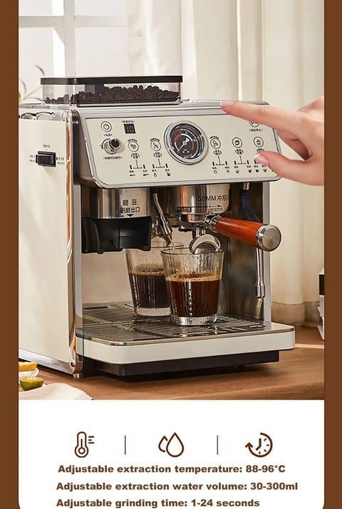 On Point Espresso Machine With Burr Grinder And Steam Wand, 2200 Watt Stainless Steel Coffee Maker, brewing espresso in cups