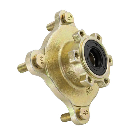 Premium Four Bolt Front Disc Brake Hub With 17 mm Axle Bearing And Three Inch Bolt Pattern For Atv Utv Quad Drift Trike Buggy Heavy Duty Steel Built Different For Badass Trails, gold finish, side view.