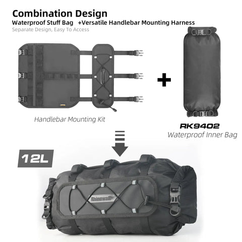 Alt Tag: All Weather Bicycle Handlebar Bag With Dual Sided Opening And Folded Closure, Waterproof Inner Pocket, EVA Vibration Dampening Cushions For Road And Mountain Bikes, Front Mount Fit, Durable, Easy Access in 12L size with mounting kit and waterproof inner bag shown.