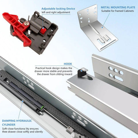Kickass Four Pair Set Of Twelve Inch Undermount Drawer Slides With Butter Smooth Soft Close showing adjustable locking device and mounting plate.