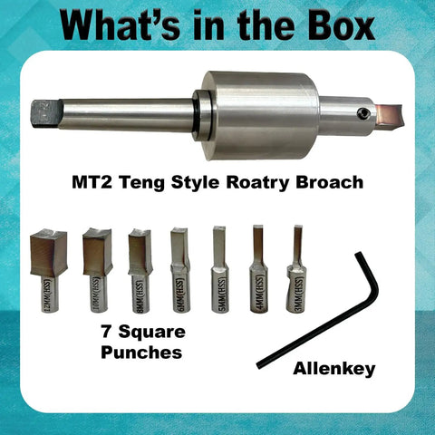 MT2 Teng Style Rotary Broach Set with 7 metric square HSS punches and Allen key displayed in box