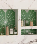 Shower Niche Organizer Set For Tile Ready Bathrooms Durable ABS Recessed Shelf Two Pack With Easy Install And Bonding Friendly Design Ideal For Bathroom Storage No LED showing green tiled shelves with toiletries