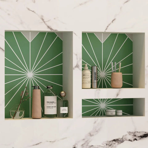 Shower Niche Organizer Set For Tile Ready Bathrooms Durable ABS Recessed Shelf Two Pack With Easy Install And Bonding Friendly Design Ideal For Bathroom Storage No LED showing green tiled shelves with toiletries
