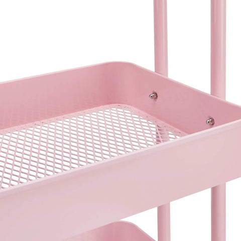 Slick Three Tier Rolling Metal Utility Kitchen Cart With Lockable Swivel Casters And Nifty Recessed Bins For No Stress Moving And Ultra Spacious Storage Solutions In Dusty Pink mesh shelf close-up.