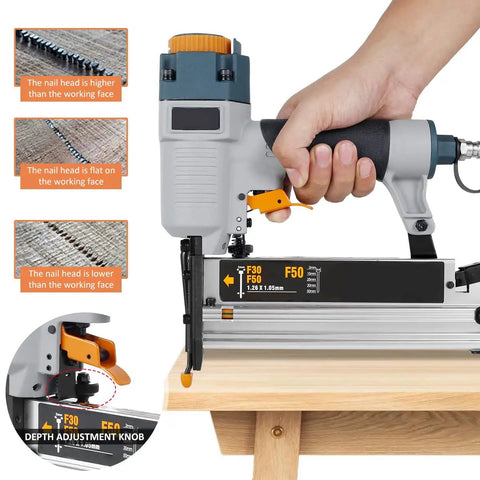 Close-up of a Straight Shooting Pro Level Heavy Duty Pneumatic Air Nailer For Carpentry And Fences with depth adjustment features.