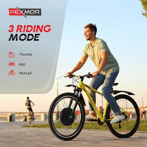 Cyclist on bicycle with Dope 26 Inch Front Wheel Electric Bike Conversion Kit 48V 1200W Hub Motor, enjoying ride by waterfront