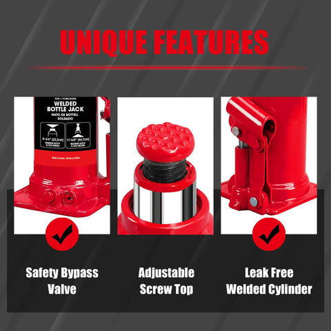 10 Ton Bottle Hydraulic Jack with 20,000 lbs capacity, adjustable screw top, built-in oil bypass safety, red color, unique features