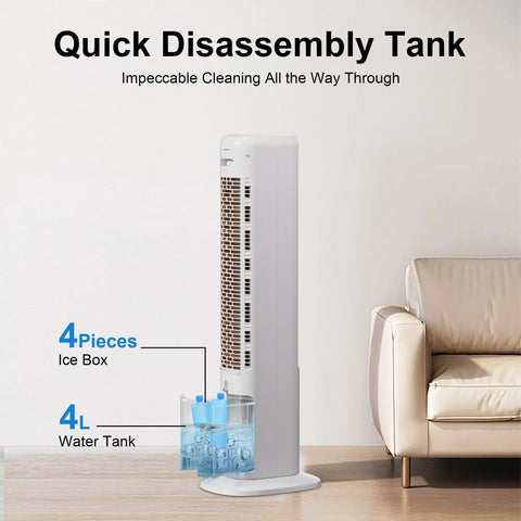 Side view of 3-in-1 Windowless Evaporative Cooler Tower Fan with remote, showing quick disassembly tank near a sofa.