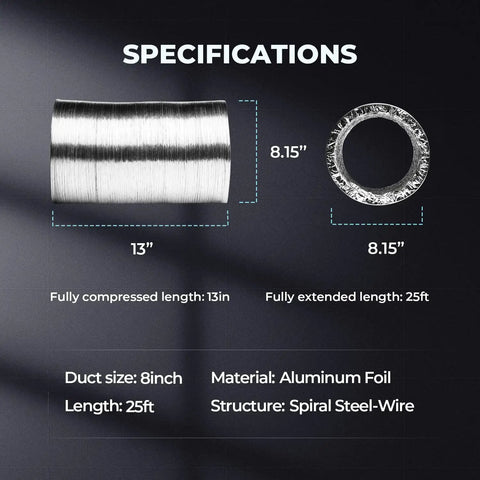 Specifications of Eight Pack 8 Inch Aluminum Flex Air Ducting 25 Feet Non Insulated Dryer Vent Hose shown compressed and extended