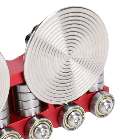 Close-up of dual station Sheet Metal Bender for 24 gauge with removable discs for 90 to 180 degree bends and coiled edges.