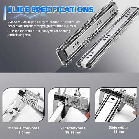 Beefy 260 Lb Heavy Duty Drawer Slides Full Extension 53mm Wide 18 Inch 1 Pair Steel Ball Bearing Rails slide specifications chart