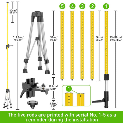 12 Foot Telescoping Pole For Laser Level Mounts On The Job Site With Adjustable Height For Rotary And Line Lasers, tripod and rods