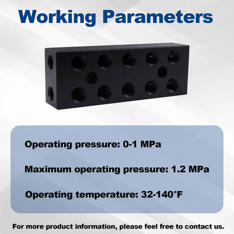 Image showing the Multi Port Pneumatic Manifold For Air Water And Oil Distribution Inline Block Splitter with operating parameters