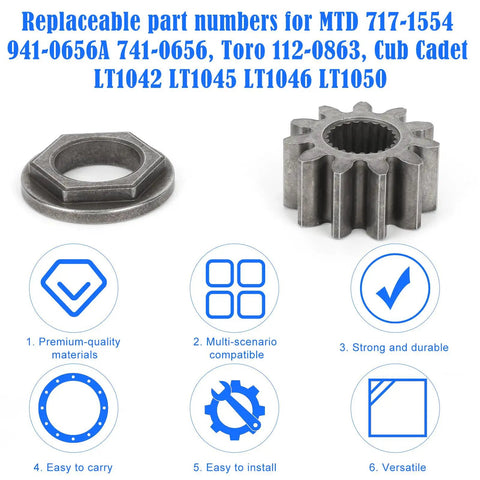 Heavy Duty Steering Pinion Gear And Bushing Kit Plug And Play Shaft Replacement Assembly For Riding Lawn Mowers Zero Hassle Steering Fix Fits Cub Cadet Toro And Mtd Tractors 7171554 1120863 showing gear and nut parts.
