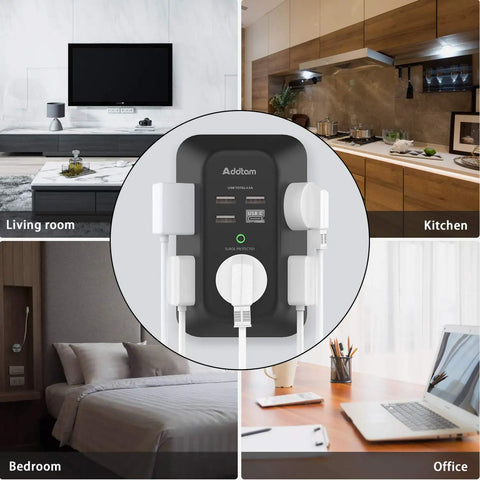 USB Wall Outlet With Surge Protector 5 Outlets And 4 USB Ports Including USB C 1800 Joules shown in living room, kitchen, bedroom, office.