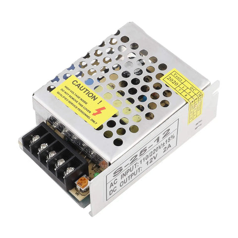 Heavy Duty 12V 2A DC Switching Power Supply Driver for Industrial Equipment and LED Home Lighting Aluminum Alloy Case, Rust Resistant, Durable Build, Reliable Performance, A Real Workhorse for Tough Environments. compact perforated metal power supply with terminal block