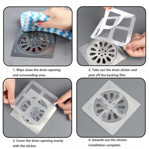 Four steps showing installation of Top Shelf Fifty Pack Bundle Of Disposable Shower Drain Hair Catchers Plus Bathroom Sink Strainer Covers.