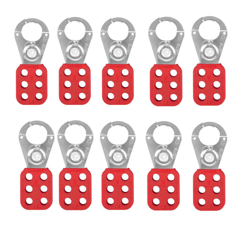 Top Shelf 10 Pack Lock Out Tag Out Hasps Rock Solid Stainless Steel Safety Hardware With Nylon Handles And One Inch Jaws in red.
