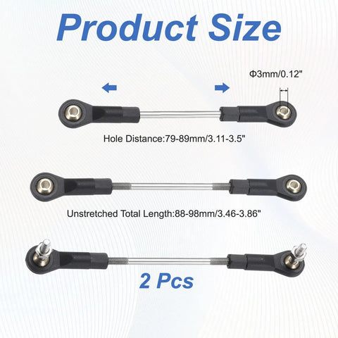 Two Pcs Adjustable Turnbuckles Camber Link 79 89mm Turnbuckle Rods for RC Car shown with size measurements