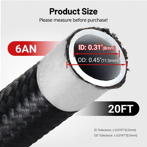 6AN PTFE Fuel Line Kit For E85 Vehicles With Nylon Braided Hose 20 Feet Long AN6 5/16 Inch ID 0.45 Inch OD, product size.