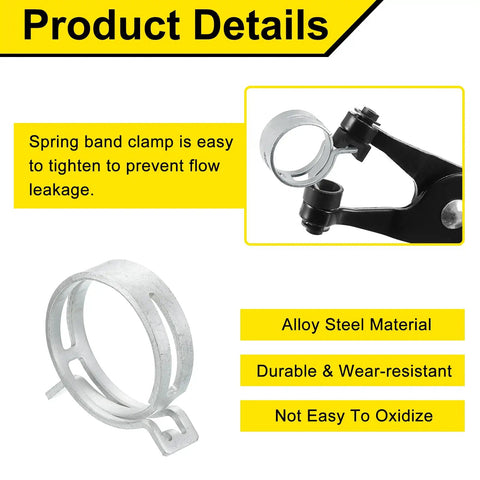 Hardcore Spring Band Hose Clamps For Fuel Lines And Silicone Vacuum Pipes Bullet Proof Seal Zinc Chrome Plated Steel with easy tightening feature.