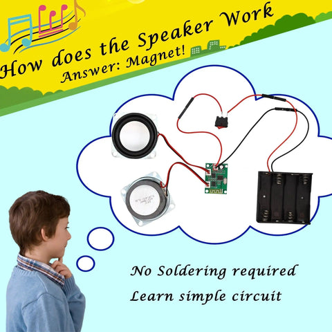 Child looking at Bluetooth Speaker Kit For Kids And Teens, Kid Friendly Hands On STEM Project diagram with components and wiring.