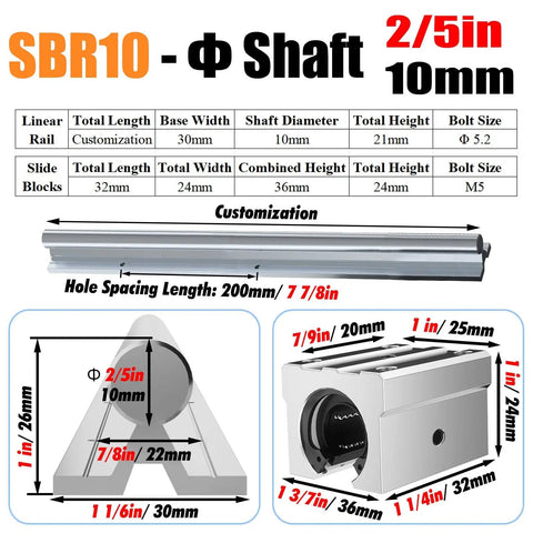 SBR10 linear rail and φ10mm shaft with slide blocks, 30mm base, 32mm block, for CNC milling
