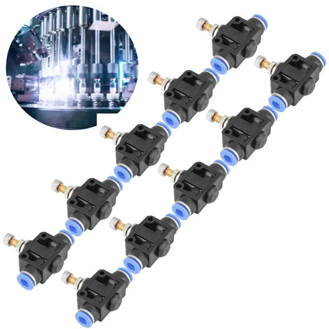 Slick Plug And Play Pneumatic Speed Control Valve With 6Mm Push In Quick Connect Fittings For Shaping Air Flow And Tuning Cylinder Timing Dead Simple Setup No Brainer Swap Solid 10 Pack - black plastic valves arranged in row.