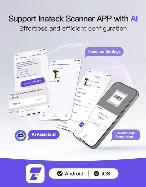Support Inateck Scanner app interface showing AI assistant, function settings, and barcode type recognition features on iOS and Android.