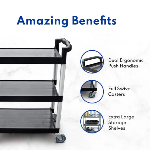 Top Notch Heavy Duty 3 Tier Plastic Utility Rolling Cart that handles loads like a champ with ergonomic push handles and swivel casters.