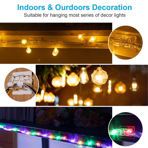 Heavy Duty Clear Adhesive Hooks For Outdoor String Lights And Christmas Wires installed on various surfaces holding string lights.