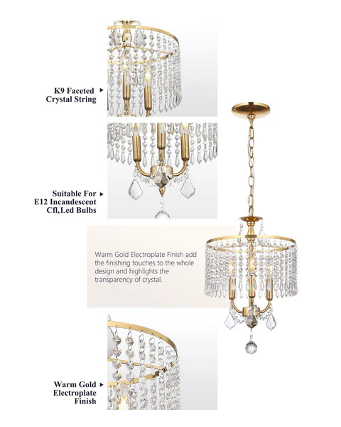 Gold Crystal Pendant Light Showstopper With 13 Inch Hanging String Modern Art Deco Chandelier In Warm Gold Frame For Kitchen Island Living Room Or Hallway E12 Base Luxe Mid Century Modern Style Lighting Fixture with K9 crystal strings and warm gold finish.