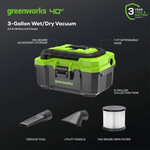 Cordless 40V 3 Gallon Wet Dry Shop Vacuum With Extras, 450W Suck Power, 67 CFM Air Flow, 3 In 1 Function For Liquid Debris And Blower
