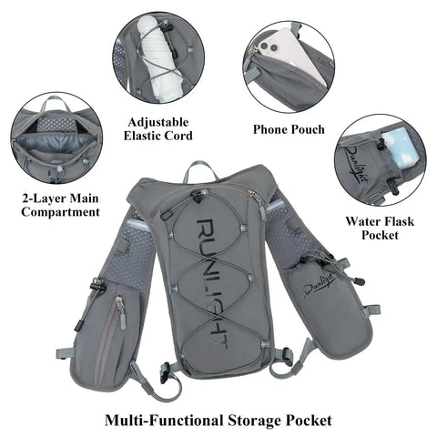 Ultra Lightweight Hydration Vest Backpack with 1.5L insulated water bladder, pockets, and breathable mesh for running and cycling gray