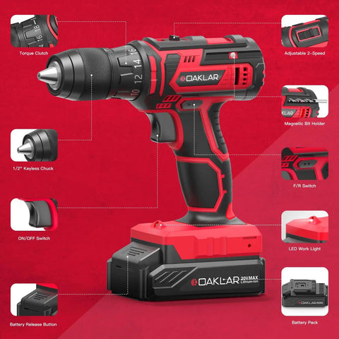 133 Piece Power Tool Kit Set With 20V Cordless Drill Half Inch All Metal Chuck showing features on red background