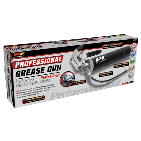 Packaging of Professional Grade 14 Oz Pistol Grip Grease Gun With Heavy Duty Build, Ergonomic Handle For Easy Lubrication In Auto And Industrial Work, Smooth Pump Action And Reliable Performance For Fleet Maintenance.