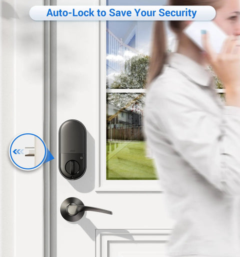Heavy Duty Fingerprint Smart Lock With Dual Lever Handles In Matte Black for secure auto-lock function on a door.