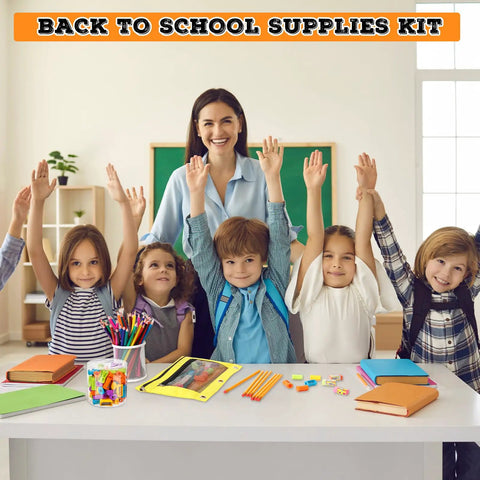 Children in classroom with Back To School Supplies Kit For Kids Must Have 20 Sets With Colored Pencils 12 Colors Each And HB Pencils 200 Plus
