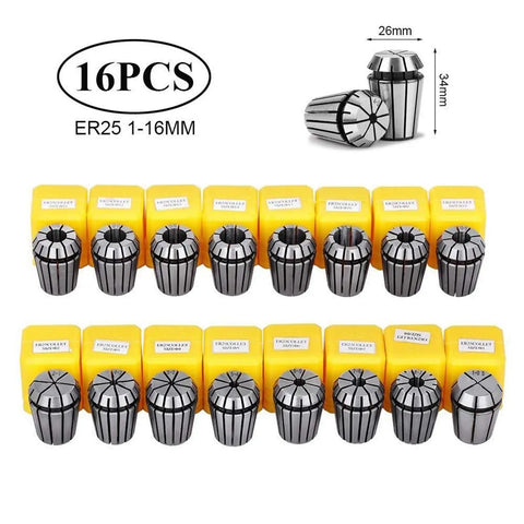 16PCS ER25 collet set 1-16mm for CNC milling with precision holders, gray steel, ideal for engraving machine spindles.
