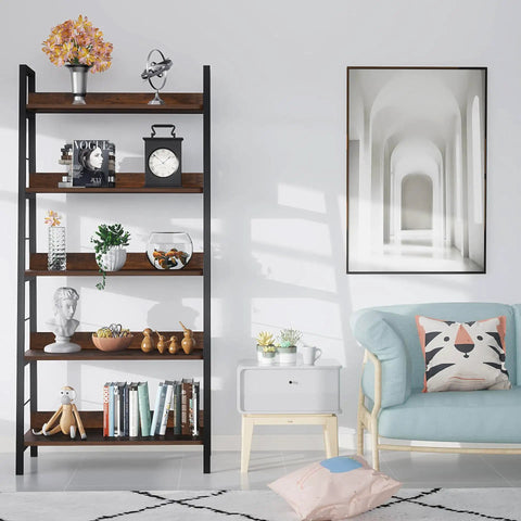 Solid Five Tier Industrial Ladder Bookshelf In Rustic Brown, Steel Frame Leaning Rack For Plants And Daily Gear, Hella Sturdy Freestanding Floor Bookcase For Chill Living Rooms Or Crisp Home Studios with decor items.