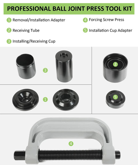 Heavy Duty Ball Joint Removal Tool Kit with 4x4 Adapters, U Joint Press, receiver tubes, and installation adapters layout