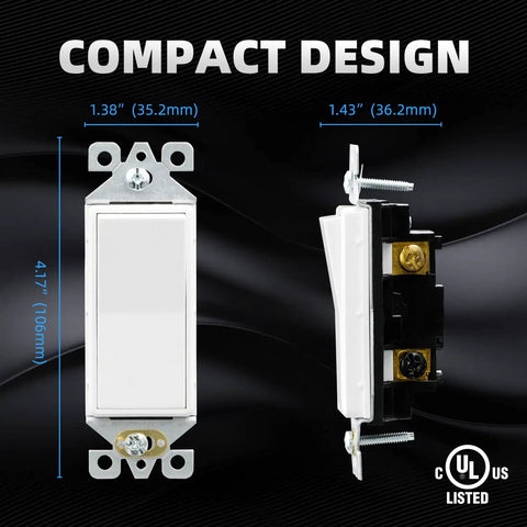 Front and side view of a Three Way Decorator Light Switch 15 Amp 120 To 277 Volt AC Easy Install Rocker Paddle Self Grounding Residential And Commercial Grade UL Listed Replacement Wall Switch Glossy White Pack Of 10 with measurements.