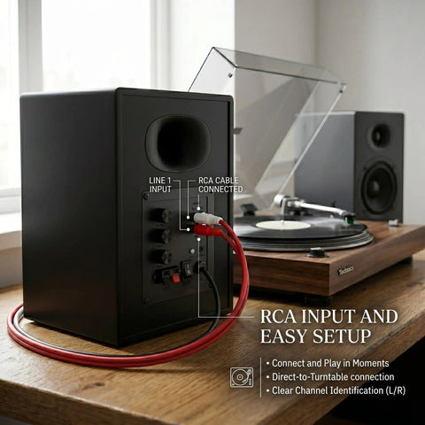 Back panel of 80W Peak Bluetooth 5.3 Bookshelf Speakers with RCA cable connected to turntable on wooden desk setup
