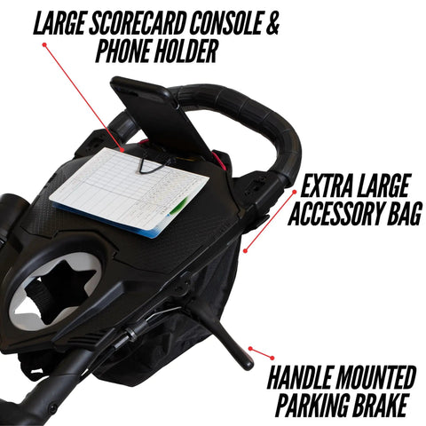 Close-up of Nitron Golf Push Cart With Auto Open Technology And Top Lok System featuring console, phone holder, and brake.