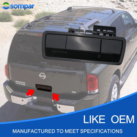 Rear Tailgate Window Release Handle Assembly Without Rear Camera For 2004 To 2013 Nissan Armada Black shown with vehicle