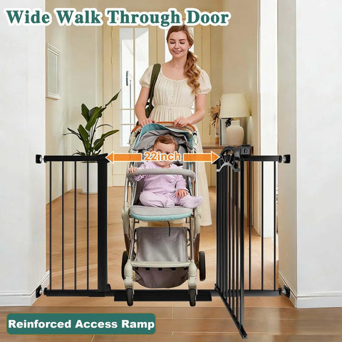 Woman with stroller passing through Ultra Wide Baby Gate With Door, Fits 65.4 To 68.1 Inches, 30 Inch Tall, Pressure Mounted No Drill